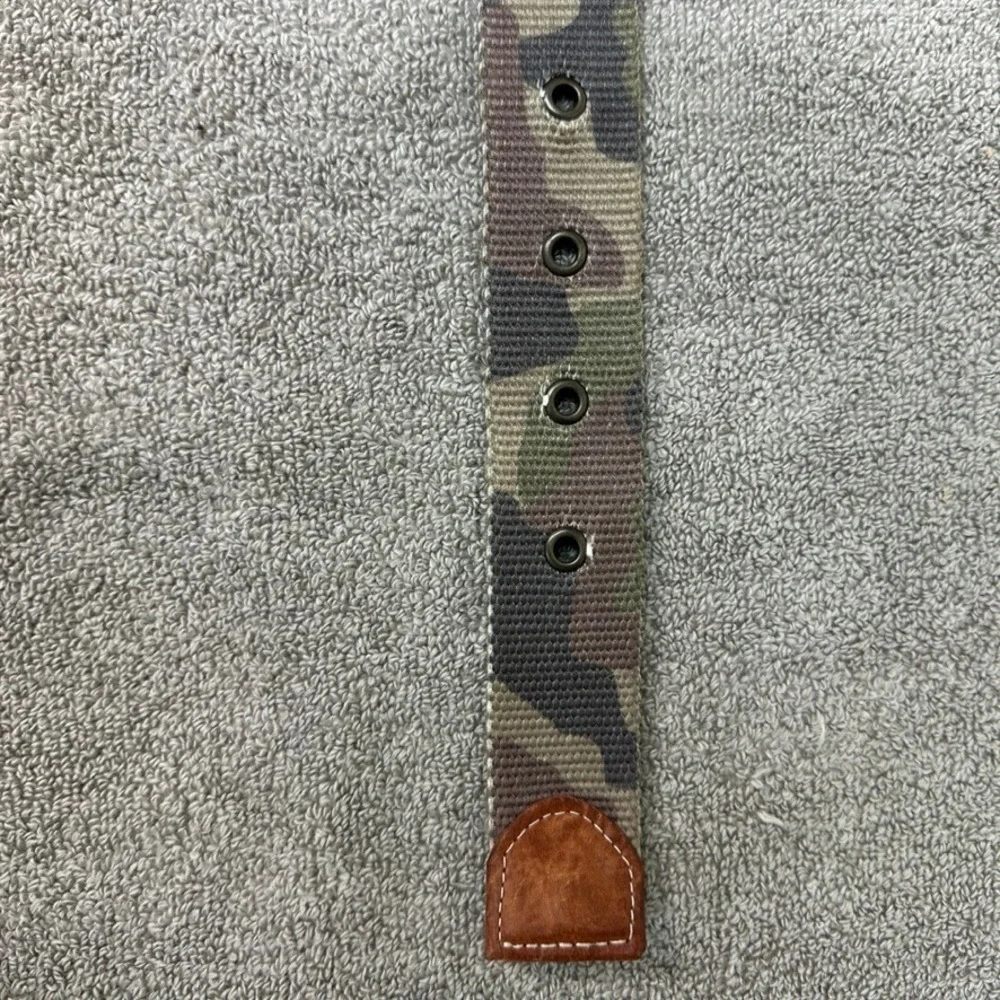 LL Bean Signature Mens Camo Webbing Belt Leather Trim Brown Green Size 38 UK